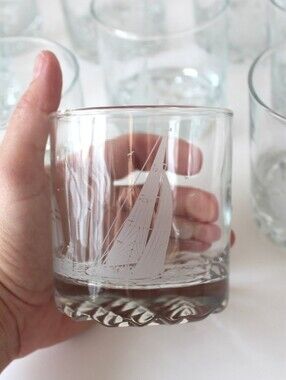 Set Of 4 KC87 Sloop True North Whiskey Glasses, Low Ball Rocks, Cocktail 1970's